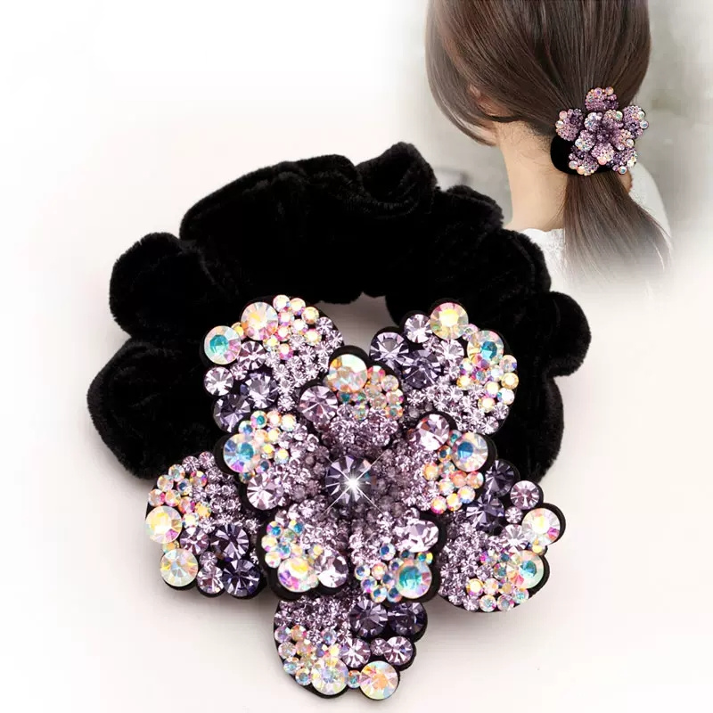 Silicone Band Women - 女性ラインストーンシュシュベルベット弾性ヘアバンド花のヘアロープリングポニーテールホルダークリスタル帽子ヘアアクセサリー