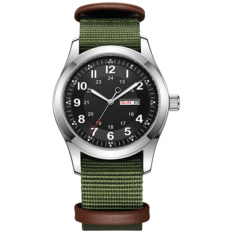 Canvas Strap Watch - 2026年メンズ42mm腕時計、暗闇で光る夜光文字盤、曜日日付表示、グリーンキャンバスストラップ、30M防水フィールドウォッチ、カーキストラップ