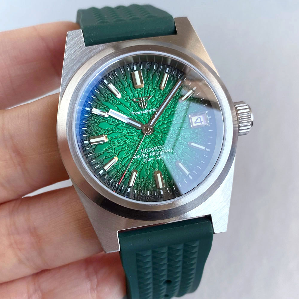 新しい 38 ミリメートル機械式時計メンズグリーンフィールド - Rubber Strap Diver のレビューと価格